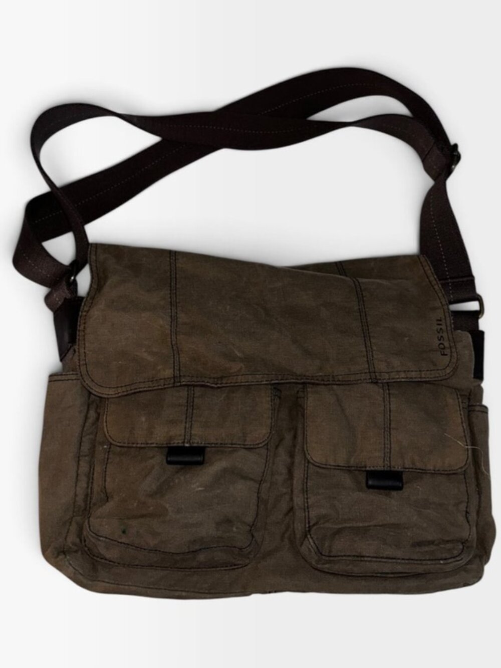 FOSSIL Out of Frica deep rich khaki cross body/shoulder leather trim cotton bag